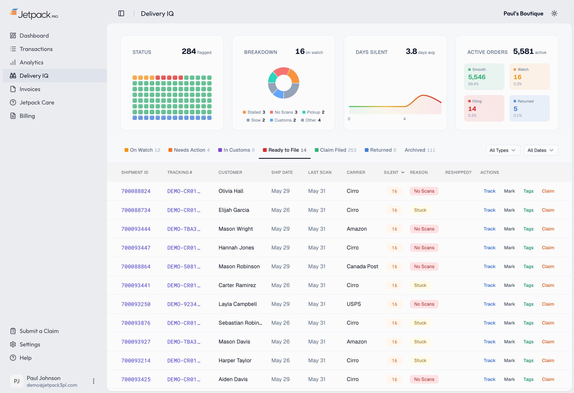 Delivery IQ in Jetpack Pro: in-flight shipments with last scan, days silent, and carrier